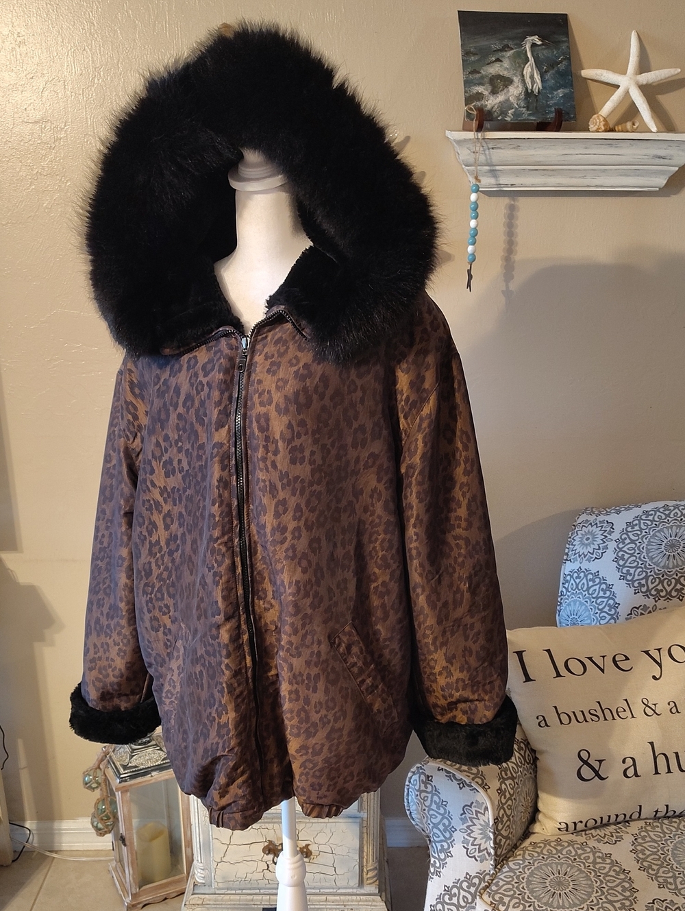 Reversible Vintage Leopard Print/ Black Faux Fur Bomber Jacket